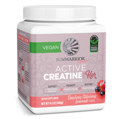 Sunwarrior Creatine for Women monohydrate Raspberry Lemonade tub supports energy during training.