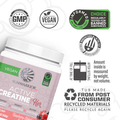 Sunwarrior Creatine for Women pre-workout shake supports training with Raspberry Lemonade flavor.