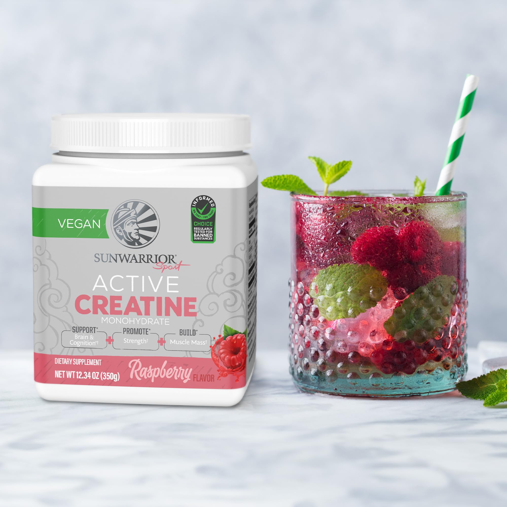 Sunwarrior Creatine Monohydrate close-up shows fine micronized texture.