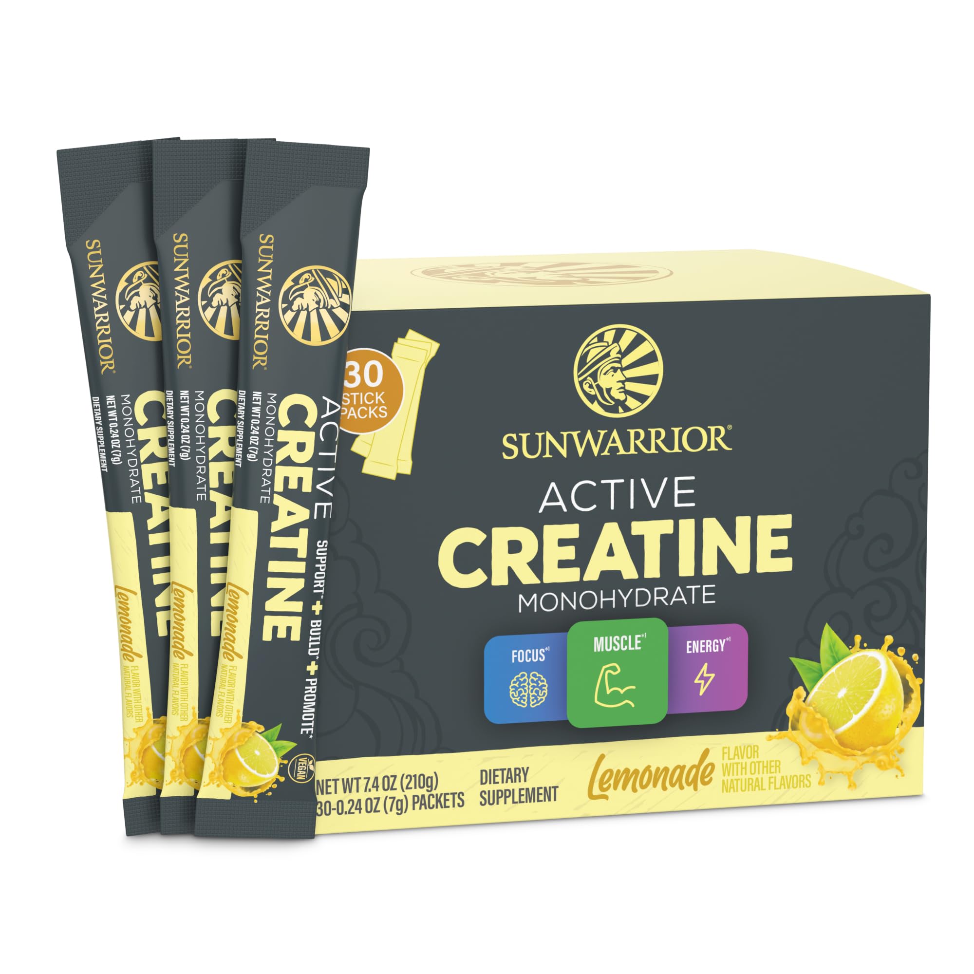 Sunwarrior Creatine Monohydrate lemonade bottle shows vegan, keto friendly formula.