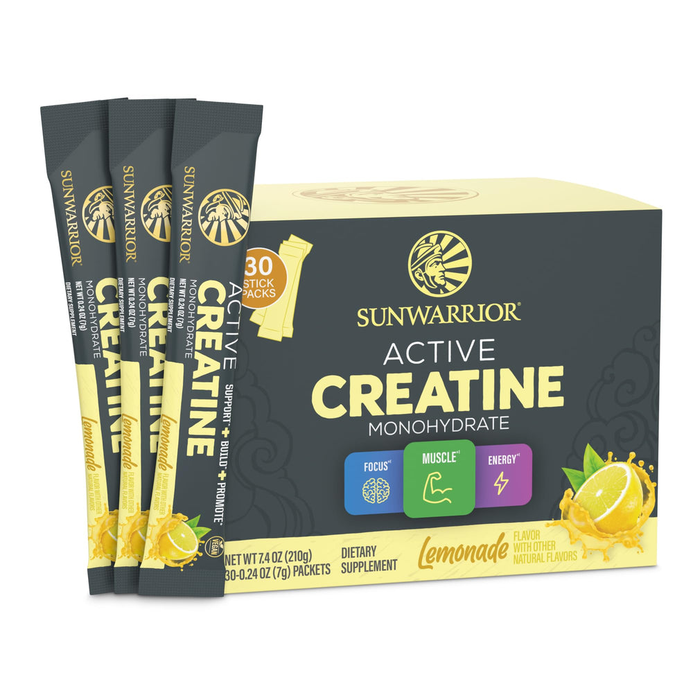 Sunwarrior Creatine Monohydrate lemonade bottle shows vegan, keto friendly formula.