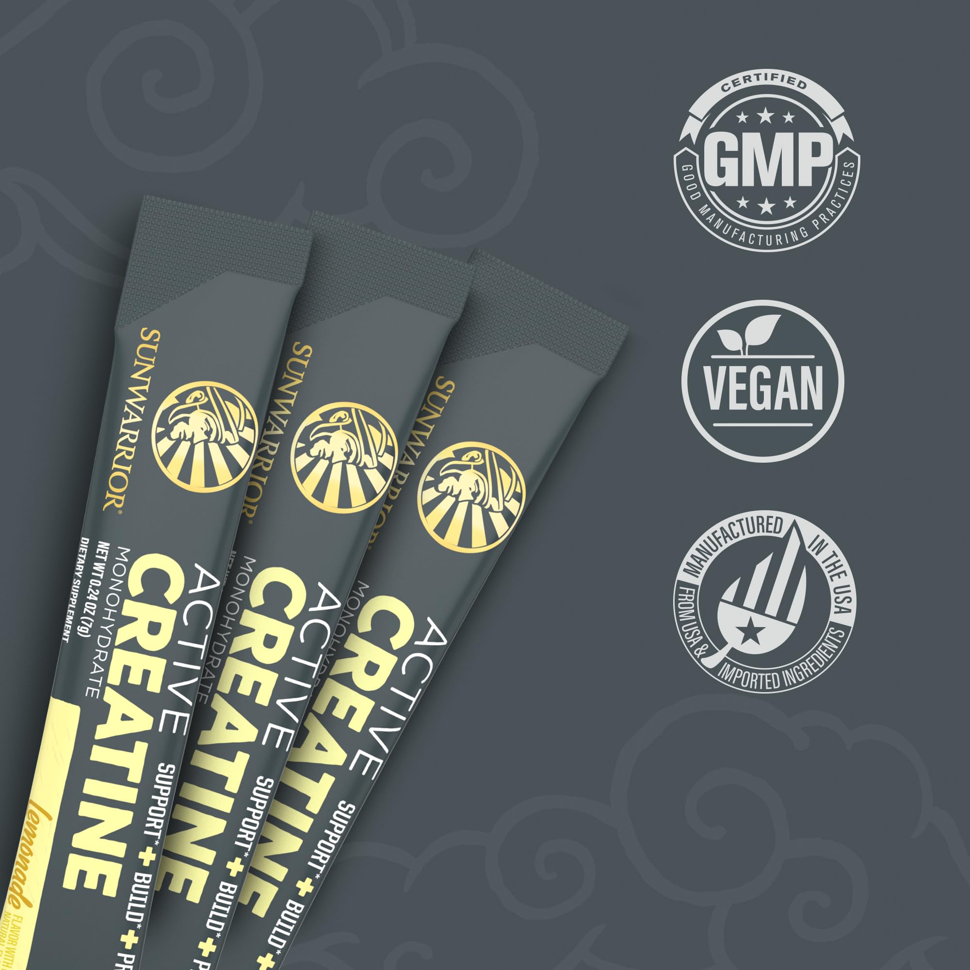 Sunwarrior Creatine Monohydrate lemonade powder close up highlights fine micronized texture.