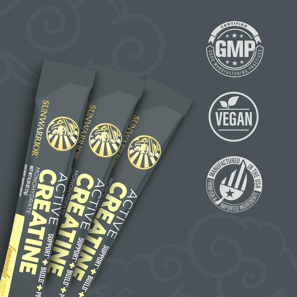 Sunwarrior Creatine Monohydrate lemonade powder close up highlights fine micronized texture.