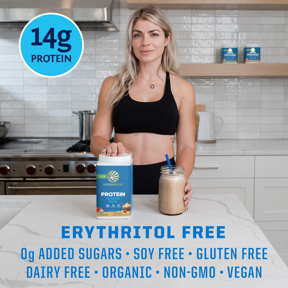 Sunwarrior gluten free soy free dairy free badge on tub emphasizing purity.