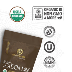 Sunwarrior Golden Milk Powder being measured for easy preparation.
