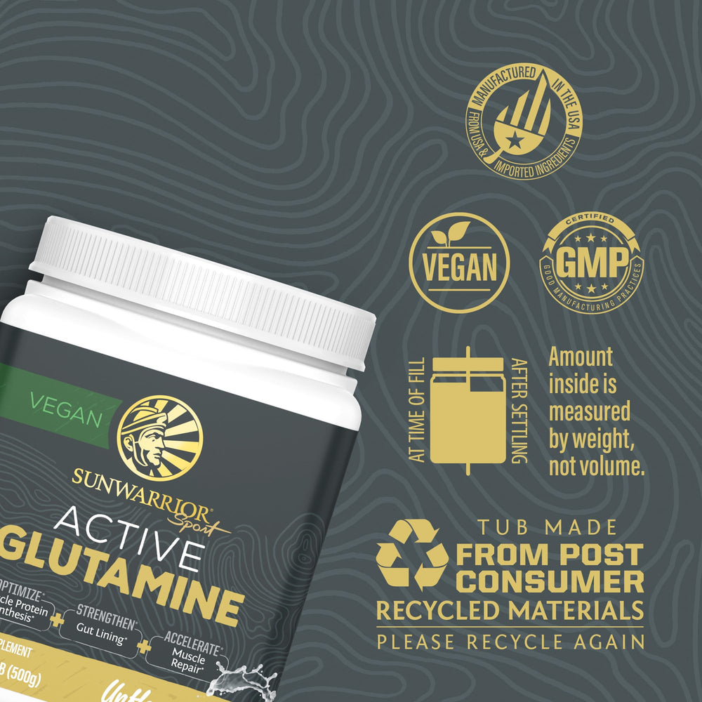 Sunwarrior L-Glutamine powder label closeup highlights unflavored formula.