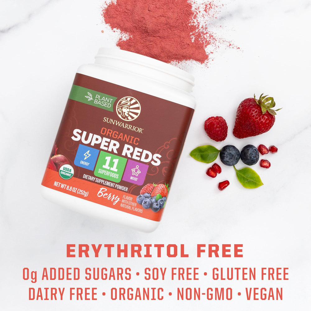 Sunwarrior label close-up reinforces USDA Organic vegan and no added sugar attributes.