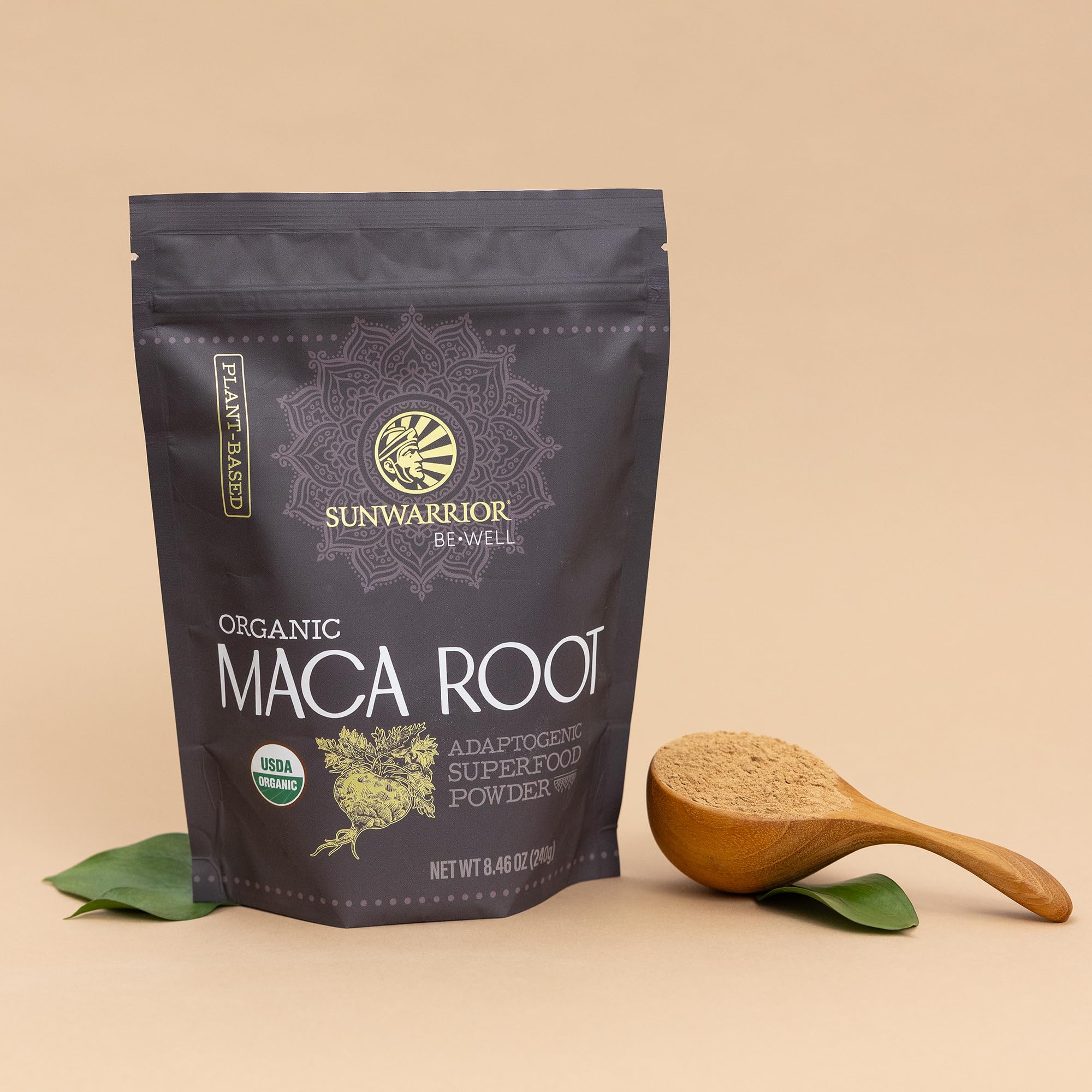 Sunwarrior maca-yellow powder latte serving with creamy caramel notes.