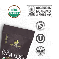 Sunwarrior maca-yellow powder scoop highlighting daily adaptogenic support and mood balance.