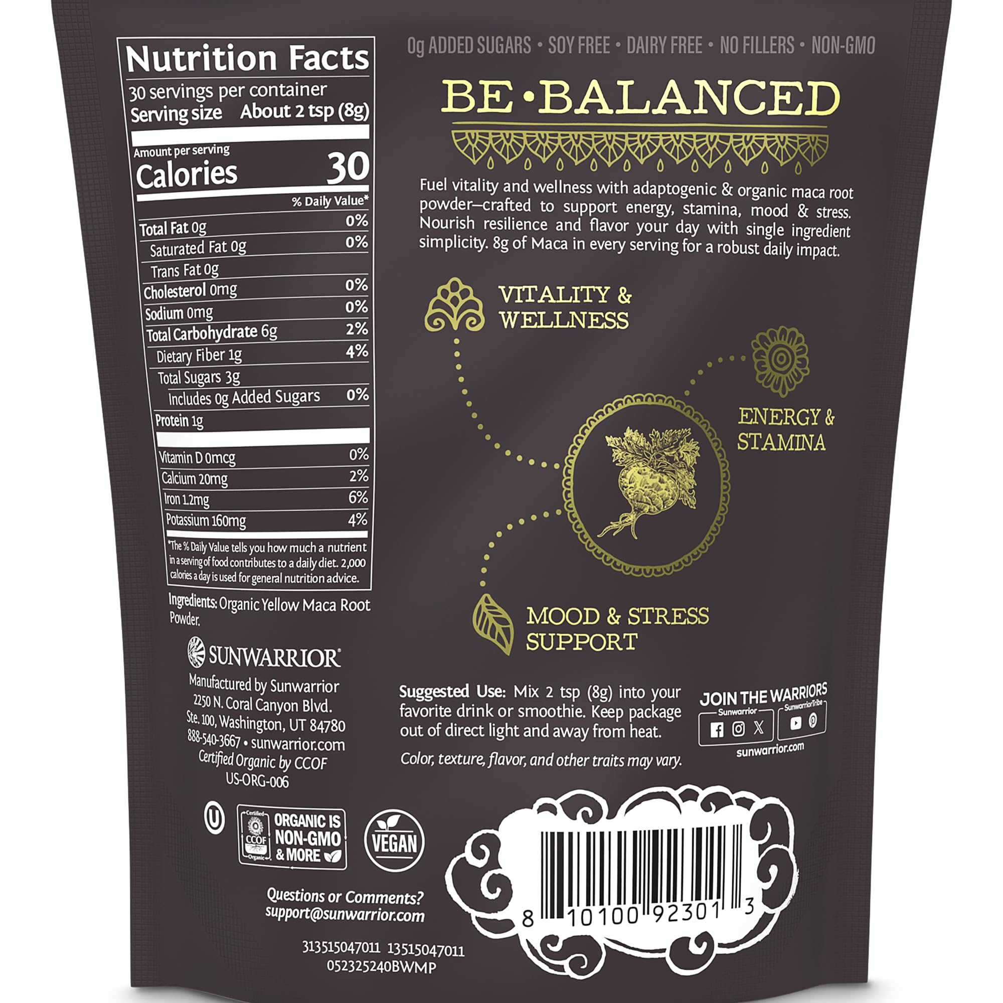 Sunwarrior maca-yellow powder tub emphasizing caffeine-free energy for workouts.