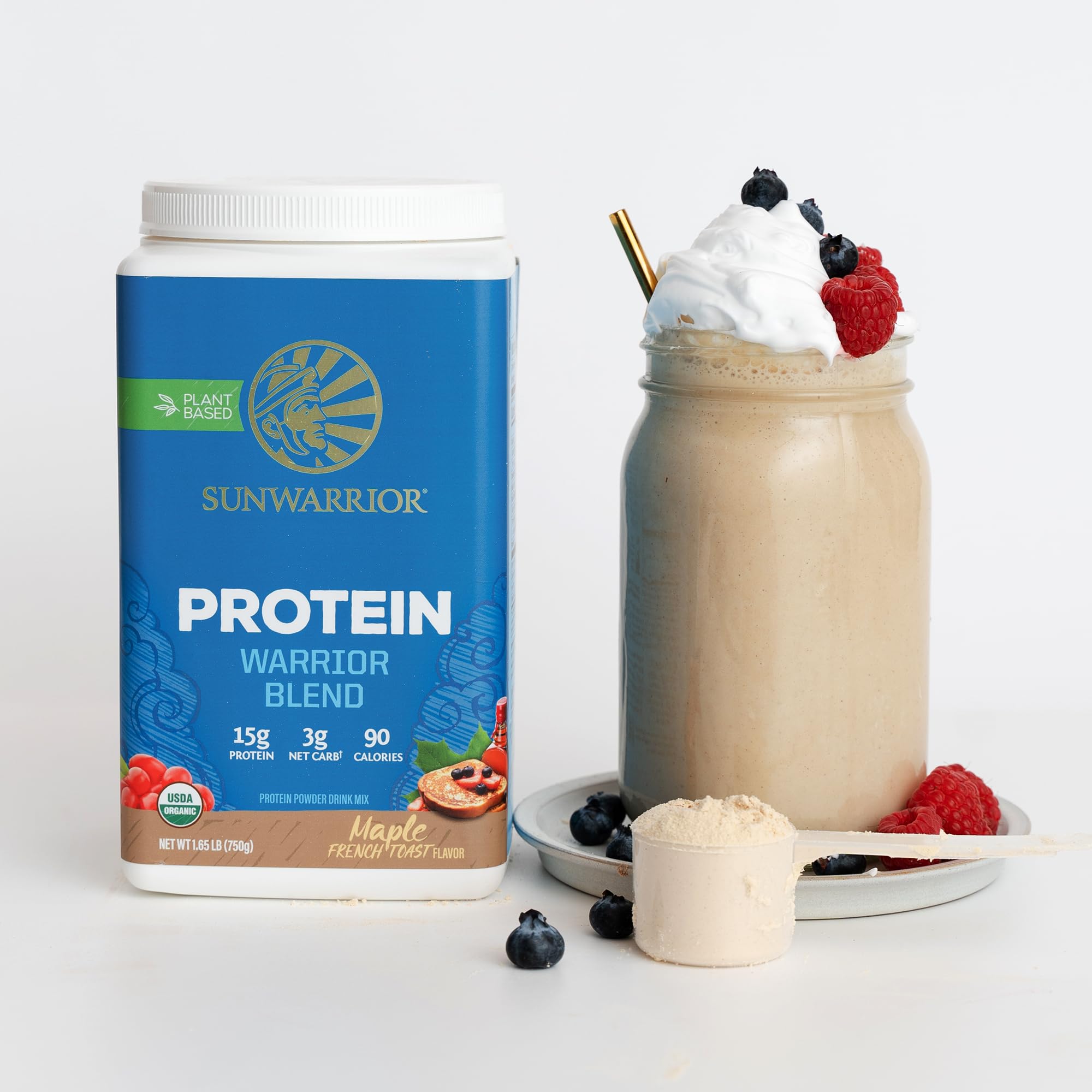 Sunwarrior maple flavor label showcasing vegan, non-GMO ingredients.