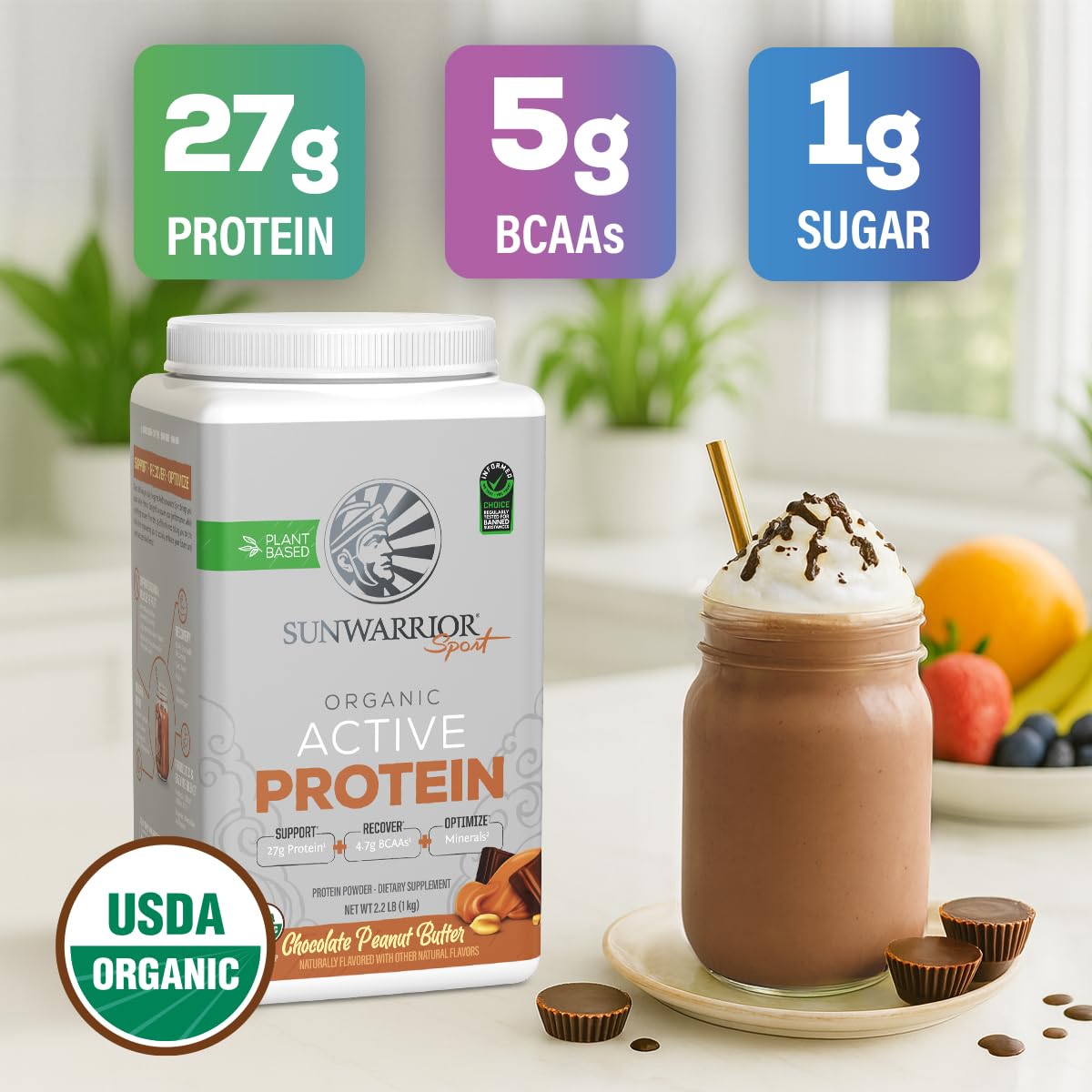 Sunwarrior protein pour demonstrates dairy-free, gluten-free nutrition
