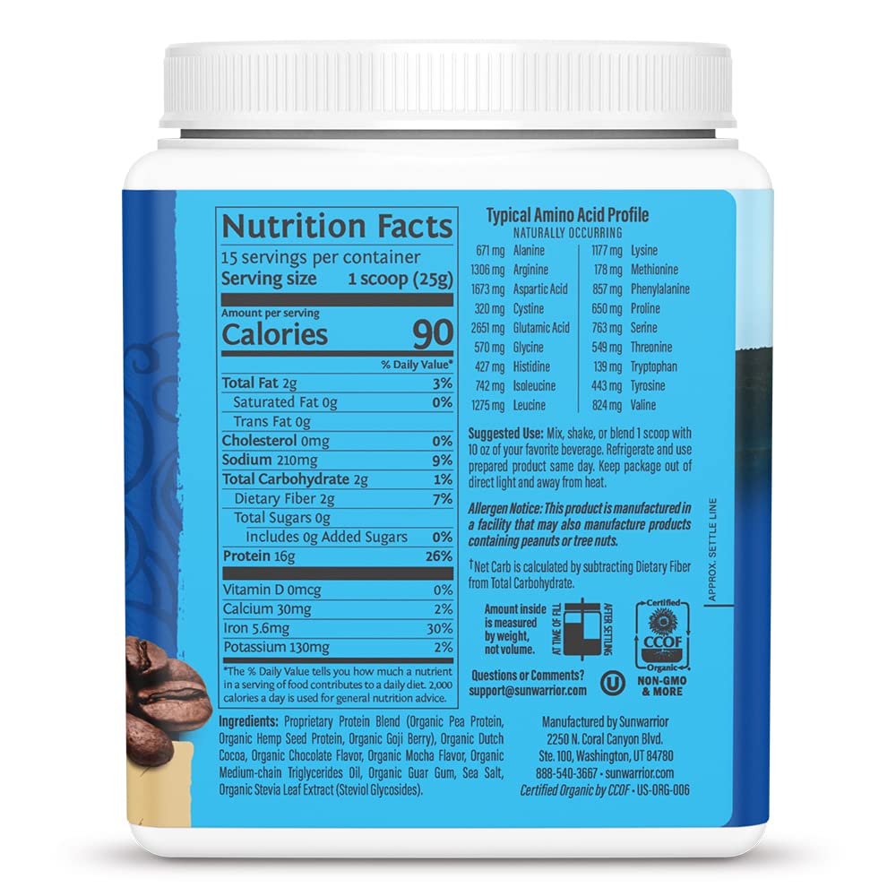 Sunwarrior mocha label closeup, demonstrates clean vegan protein ingredients for everyday fueling.