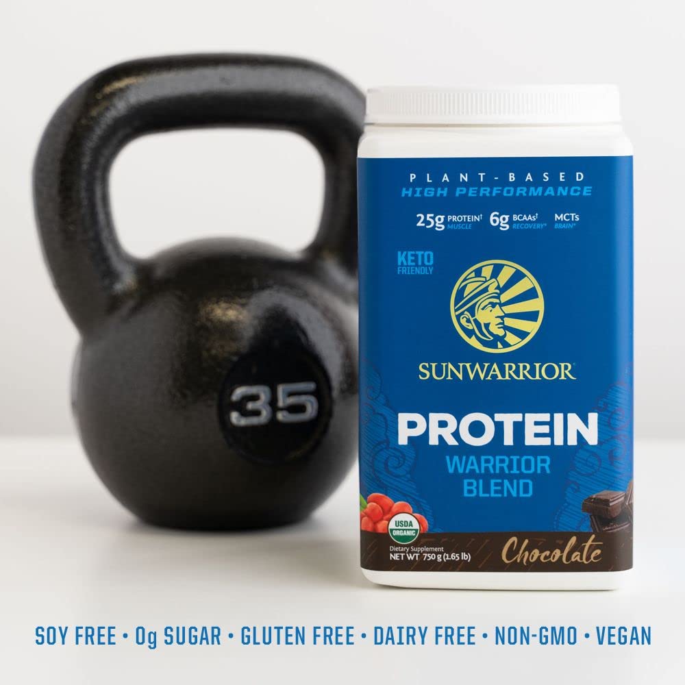 Sunwarrior non-GMO soy-free vegan protein on shelf.