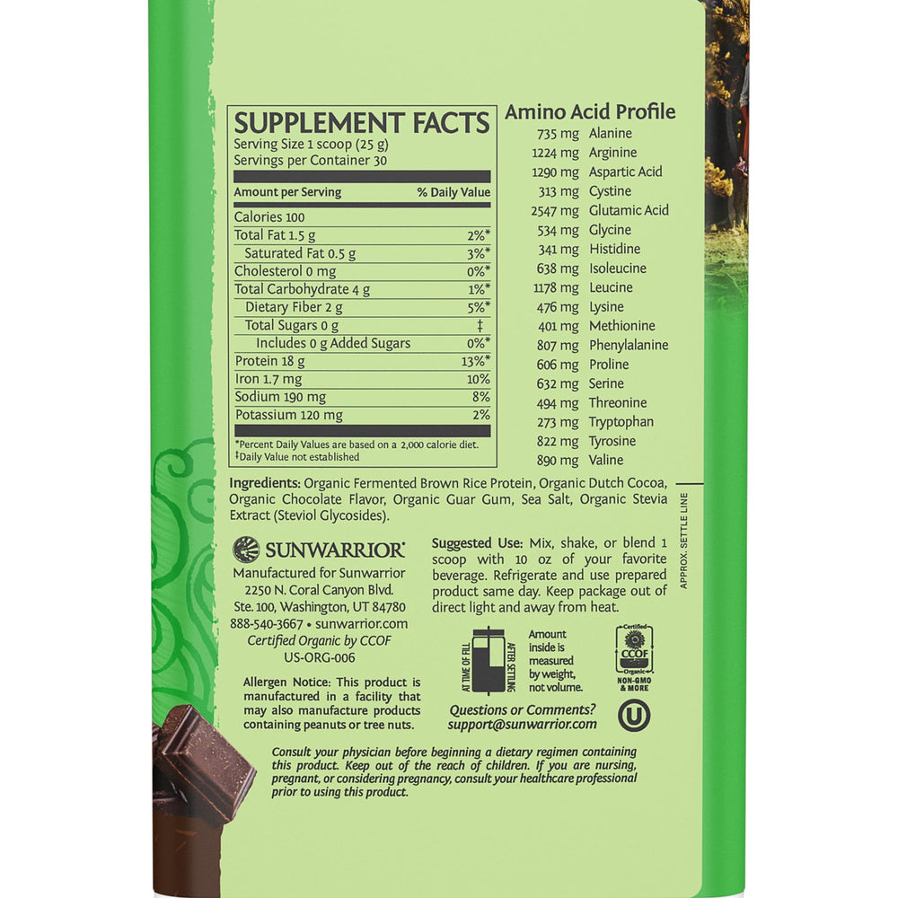 Sunwarrior Organic Brown Rice Protein Chocolate 750g shake in glass demonstrates dairy-free dessert option.