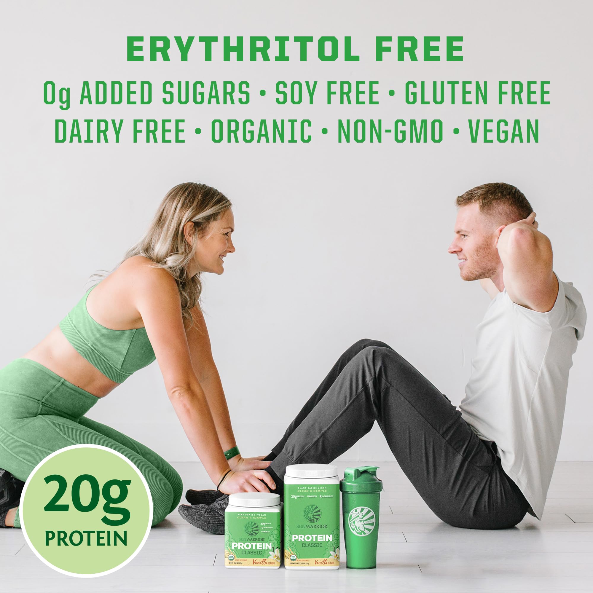 Sunwarrior Organic Classic Vanilla Protein ingredient mix highlights brown rice-based protein and fermentation benefits.