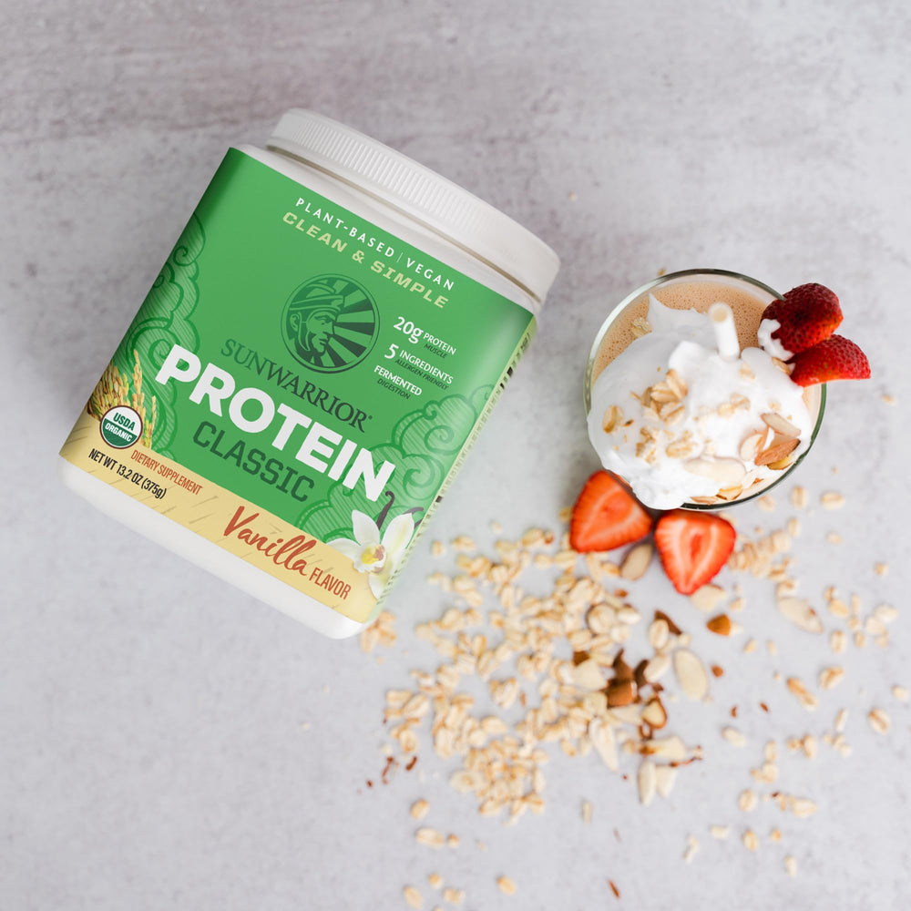 Sunwarrior Organic Classic Vanilla Protein packaging under light suggests easy post-workout recovery potential.