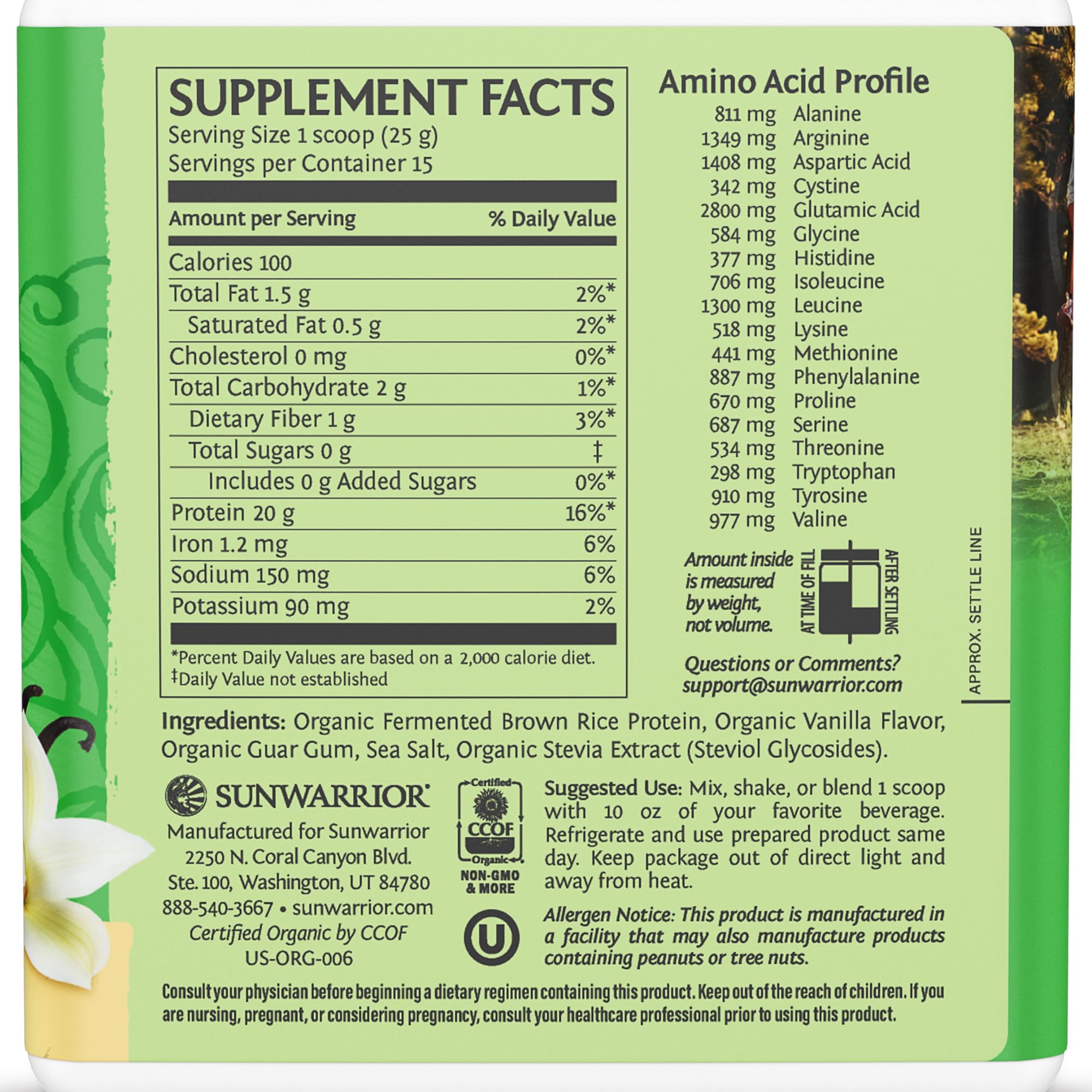 Sunwarrior Organic Classic Vanilla Protein nutrition panel emphasizes complete amino acids for balanced workouts.