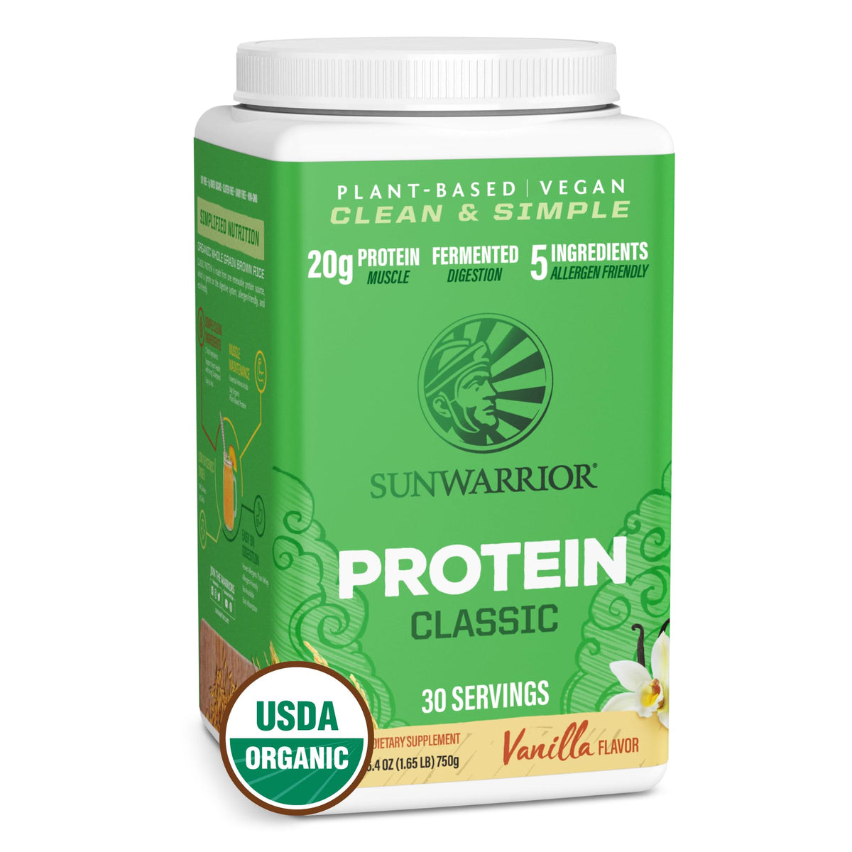 Sunwarrior Organic Classic Vanilla protein bottle with clean label for easy mixing