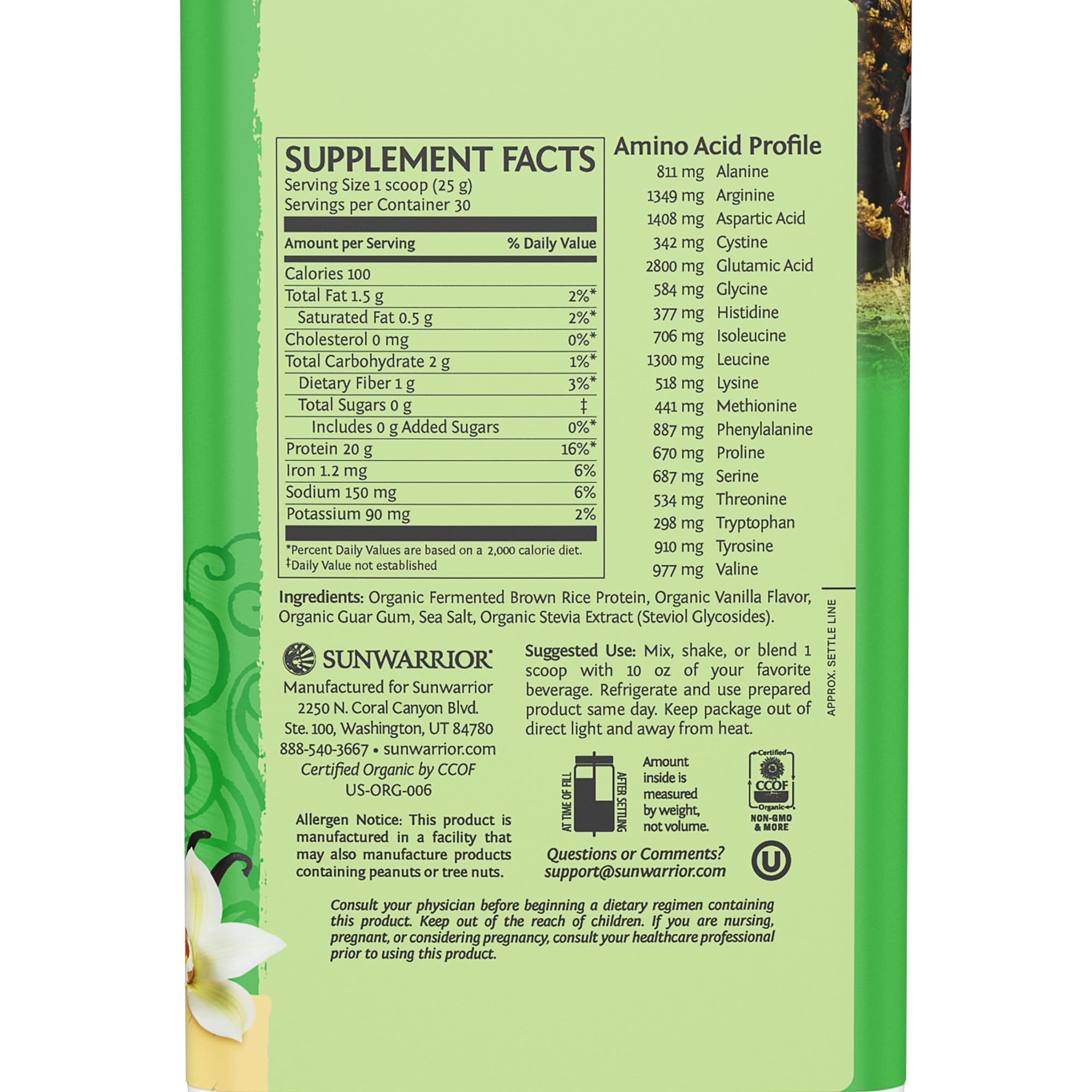 Sunwarrior Organic Classic Vanilla protein tub showing packaging and powder
