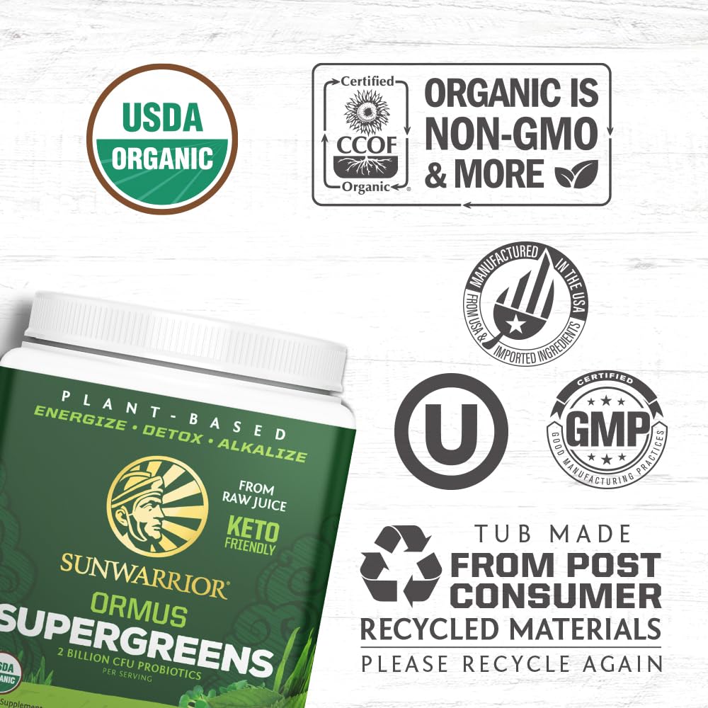 Sunwarrior Organic Greens ingredients closeup featuring moringa, alfalfa, barley, and oats