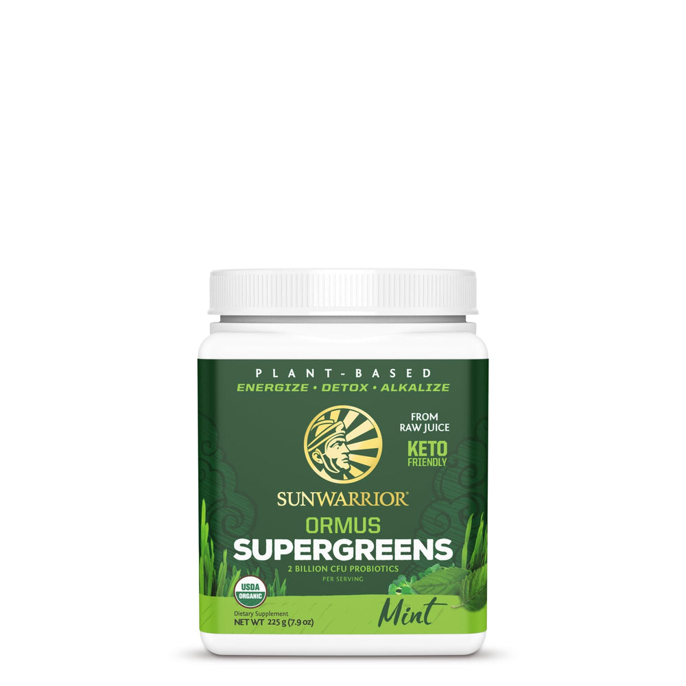 Sunwarrior Organic Greens powder label closeup with organic and vegan symbols