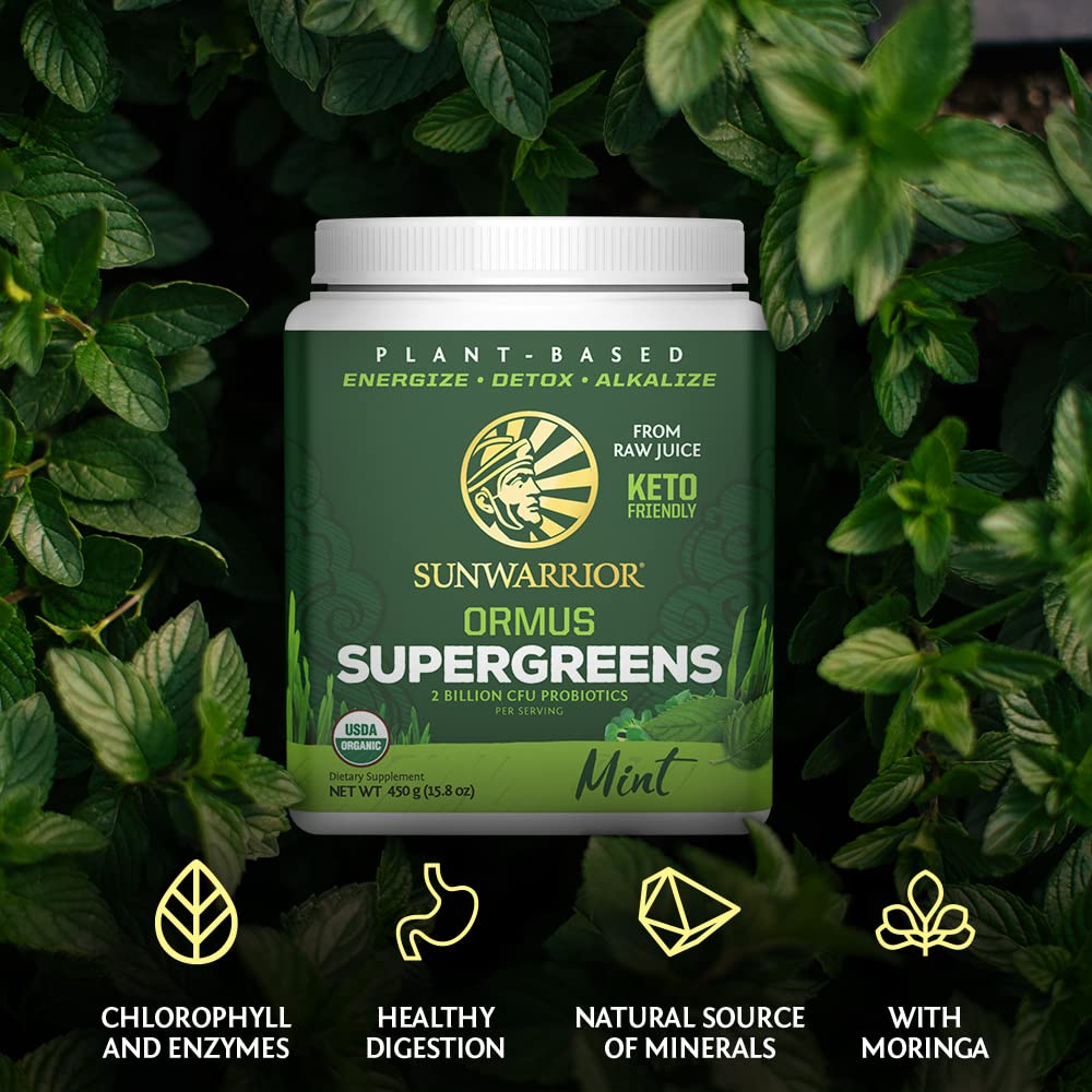Sunwarrior Organic Greens powder mix in glass for a refreshing drink