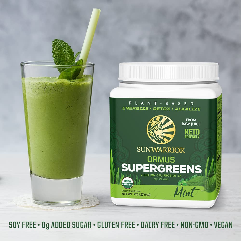 Sunwarrior Organic Greens powder being poured into a glass