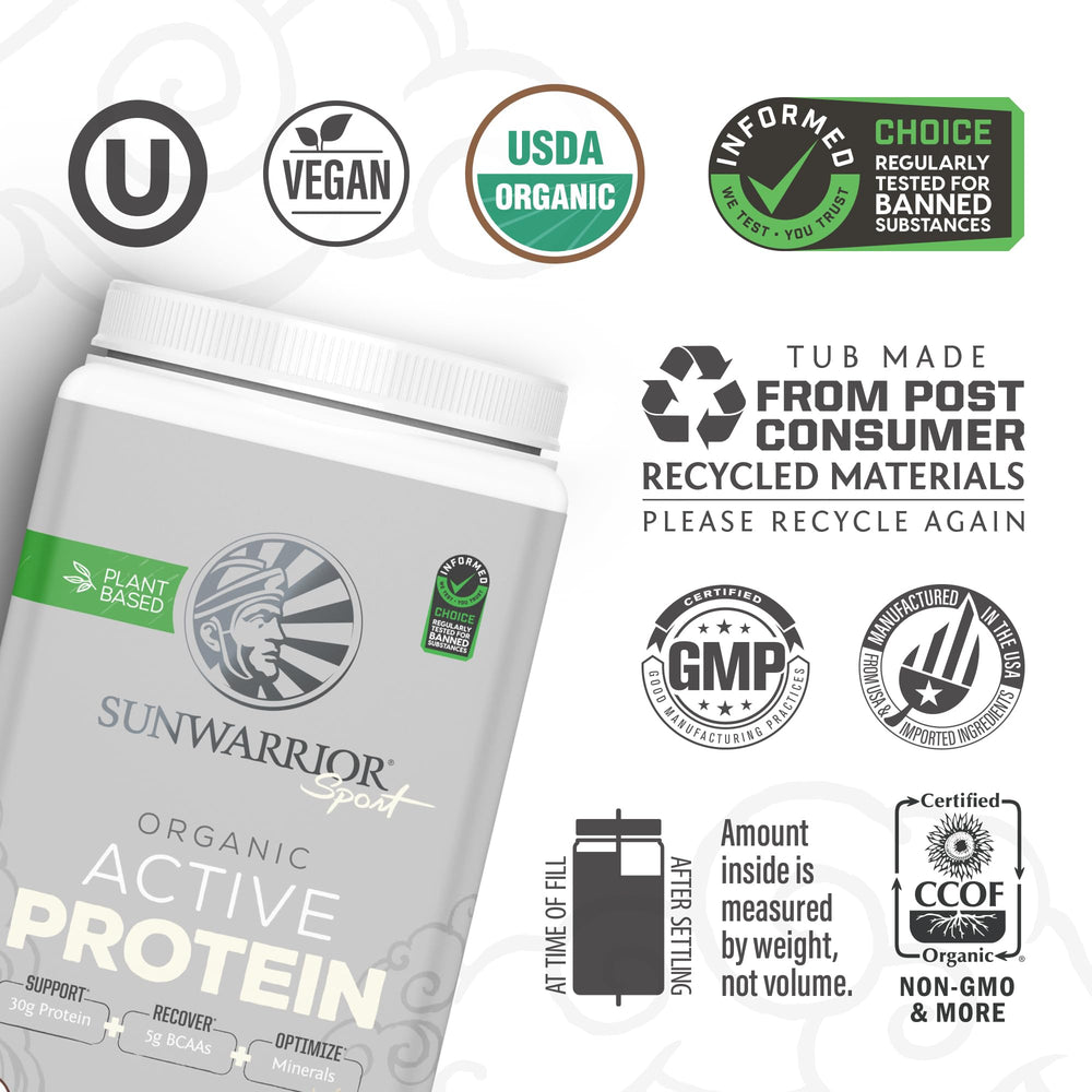 Sunwarrior organic ingredient label closeup communicates clean plant-based nutrition.