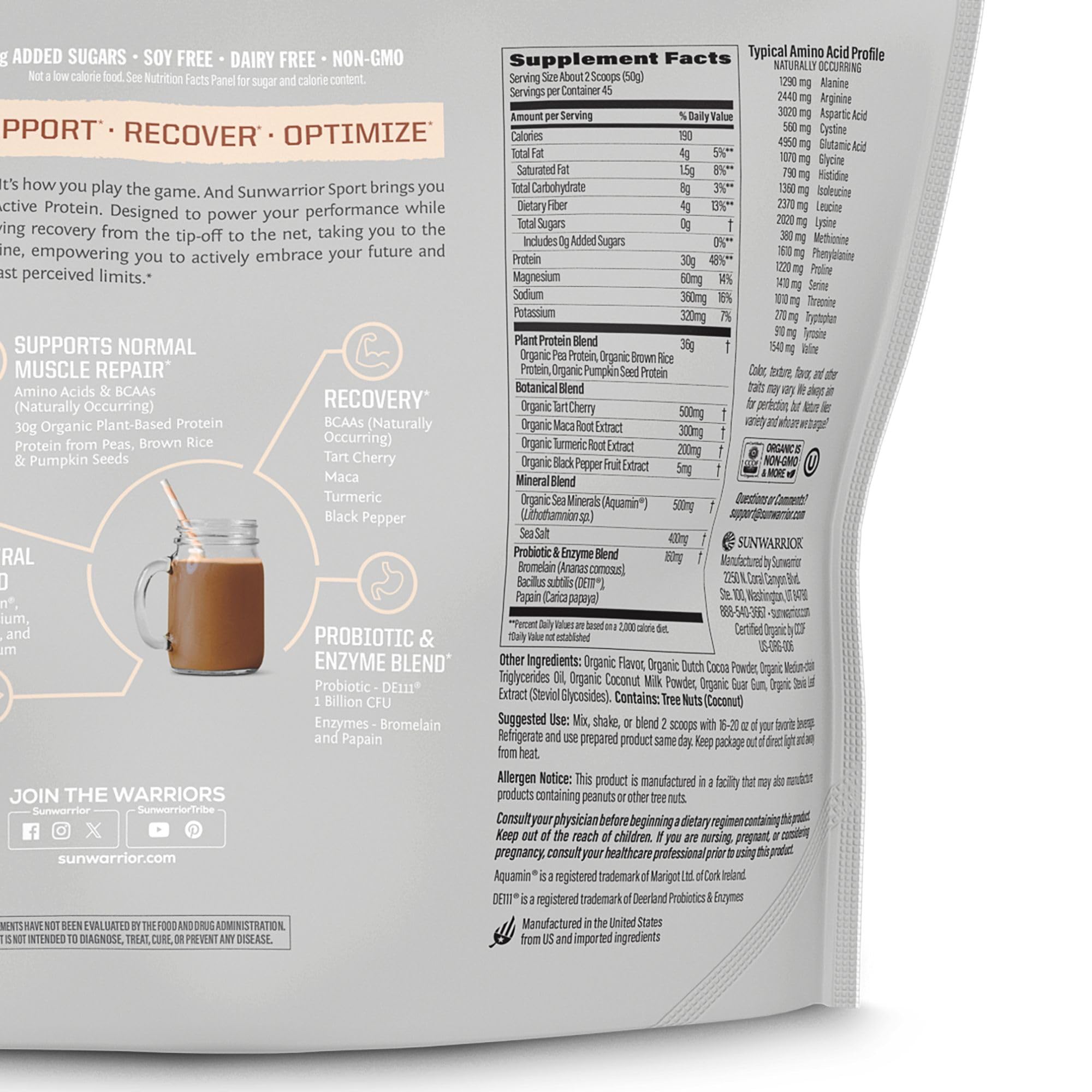 Sunwarrior organic protein powder chocolate scoop mid-pour shows smooth texture