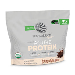 Sunwarrior plant-based protein powder chocolate tub front view for post-workout recovery