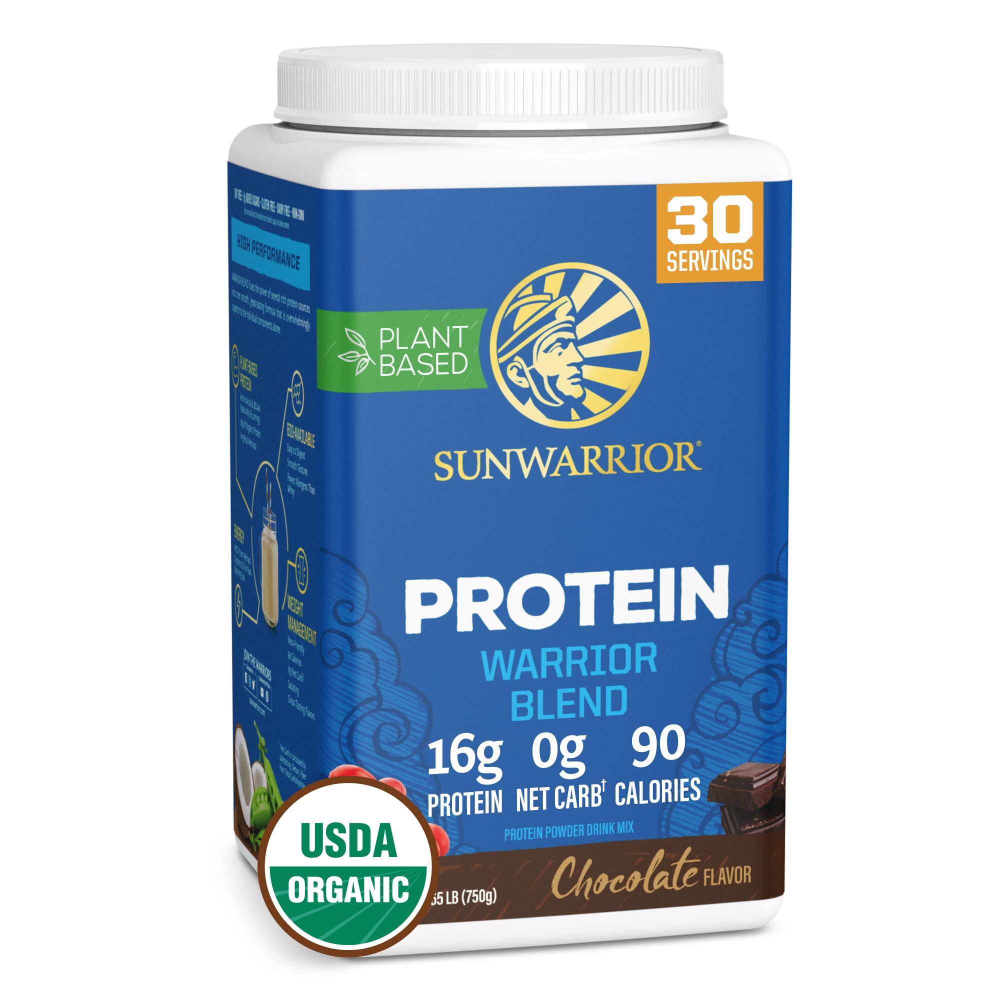 Sunwarrior Organic Plant Based Protein Chocolate tub, vegan formula for steady energy.