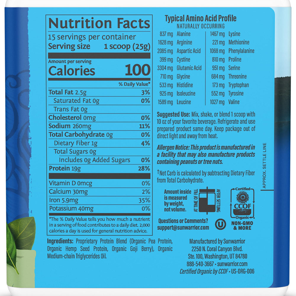 Sunwarrior Organic Plant-Based Protein Powder label closeup, unflavored for versatile smoothie blends.