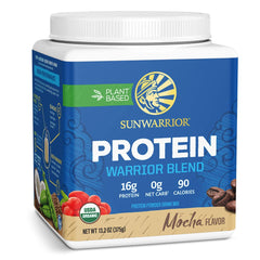 Sunwarrior organic plant-based protein powder mocha tub, ideal for post-workout recovery.