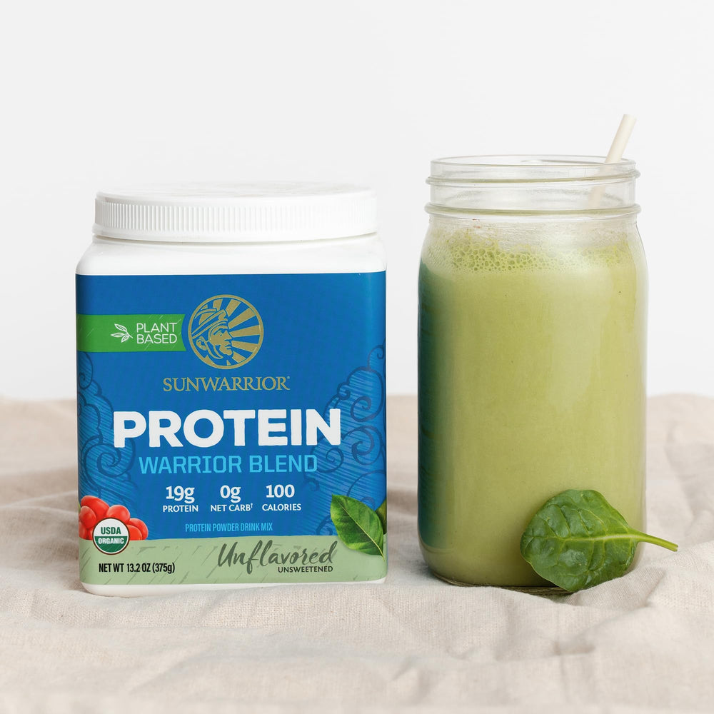 Sunwarrior non-GMO, soy-free, dairy-free, gluten-free packaging image.