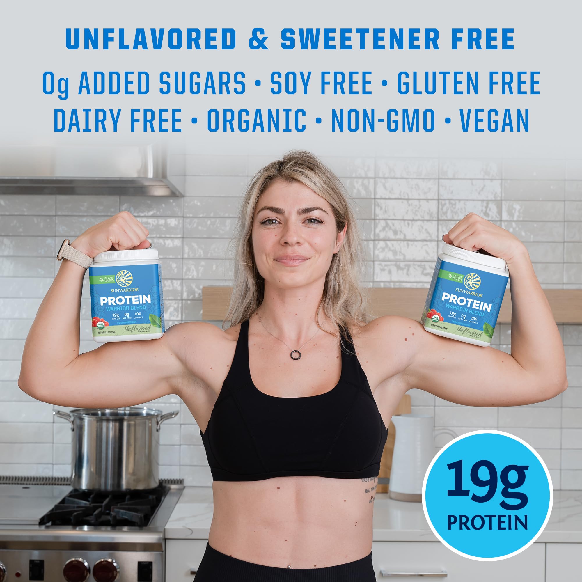 Sunwarrior shake-ready powder beside glass bottle for on-the-go nutrition.