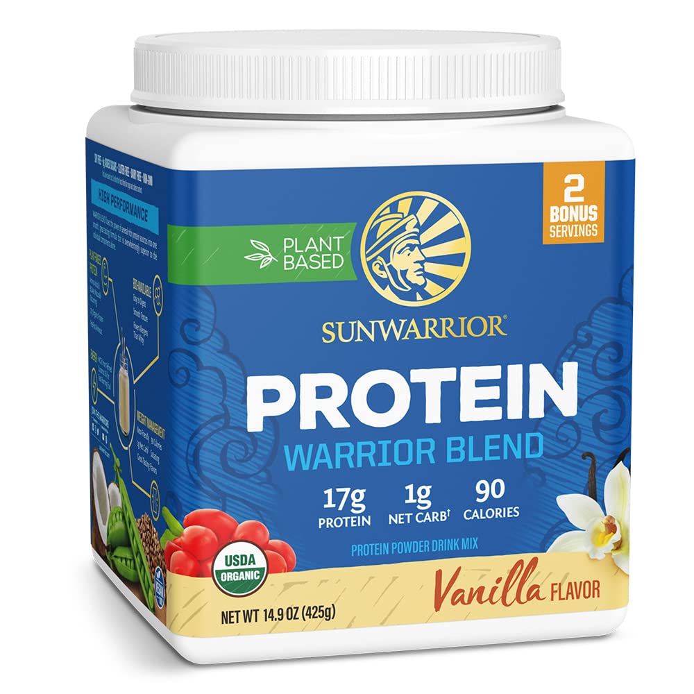 Sunwarrior organic plant-based protein vanilla canister; clean ingredients for daily nourishment.