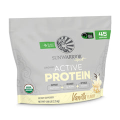 Sunwarrior organic plant-based vanilla protein tub close-up for post-workout recovery