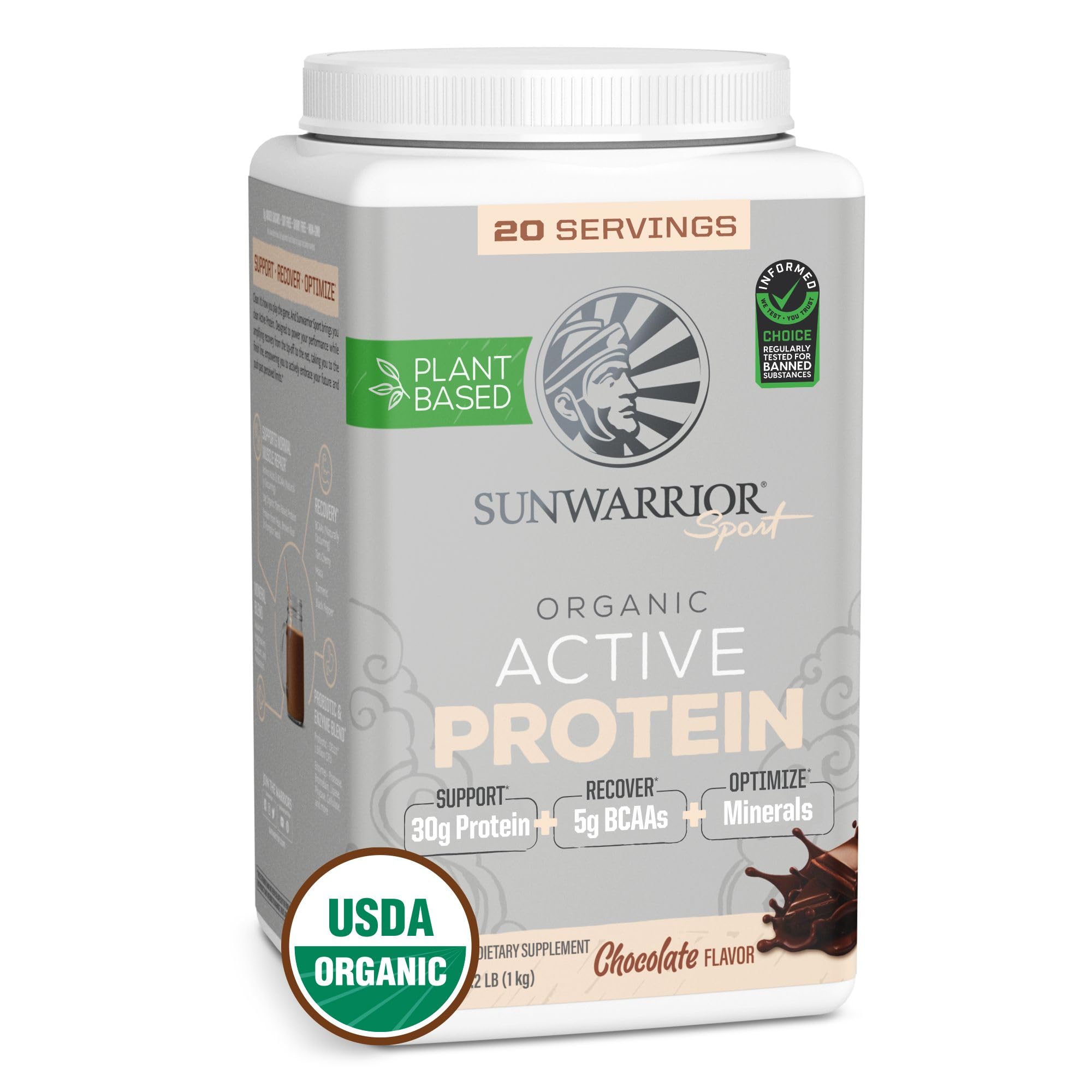 Sunwarrior Organic Plant-Based Protein powder chocolate tub, shown for clean nutrition and protein variety