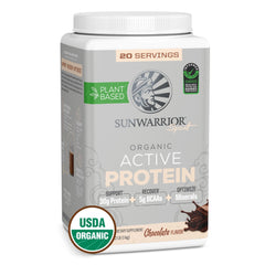 Sunwarrior Organic Plant-Based Protein powder chocolate tub, shown for clean nutrition and protein variety
