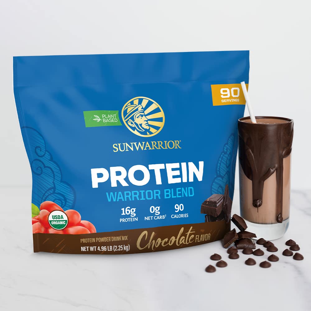 Sunwarrior Organic Protein Chocolate nutrition facts panel highlights protein content.