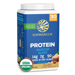 Sunwarrior organic protein powder chocolate peanut butter tub promising creamy vegan shake.