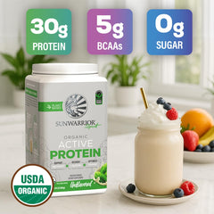 Sunwarrior Organic Protein Powder ingredients list featuring rice, pumpkin and pea protein