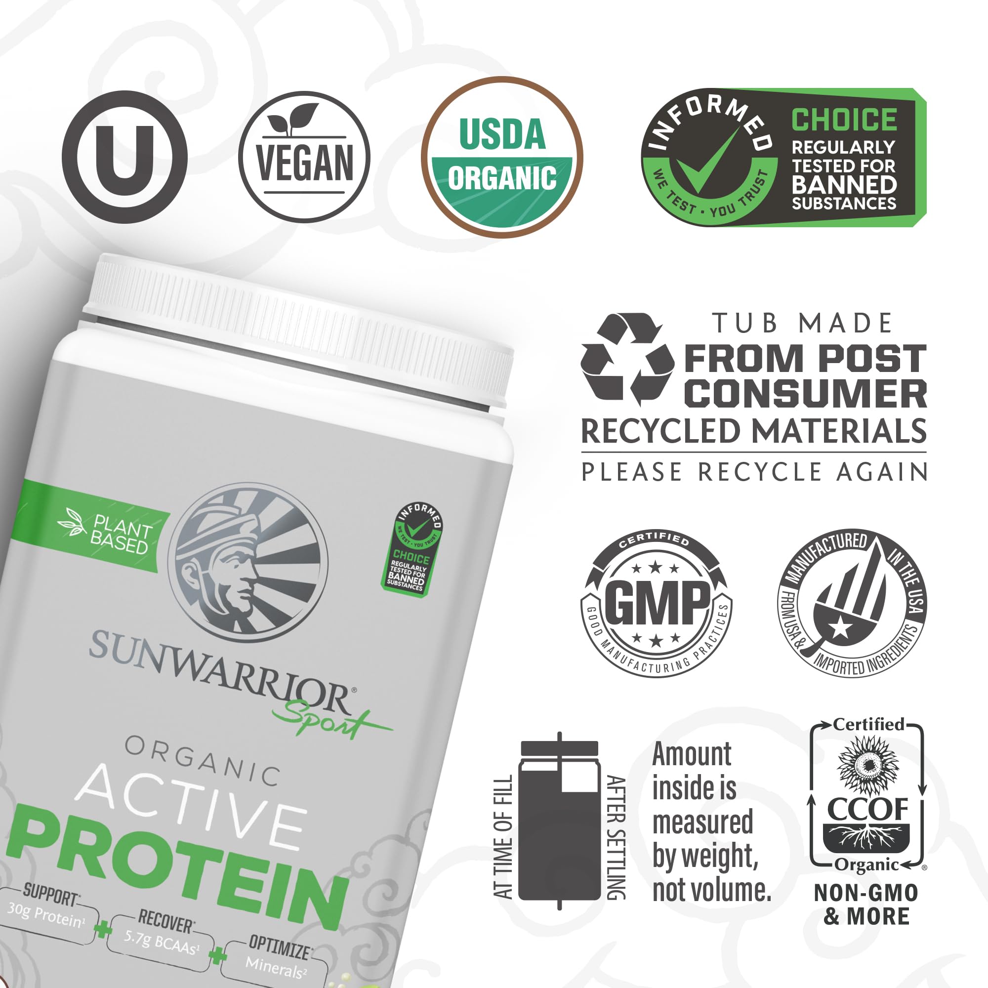 Sunwarrior Organic Protein Powder label close-up showing non-GMO and gluten-free attributes