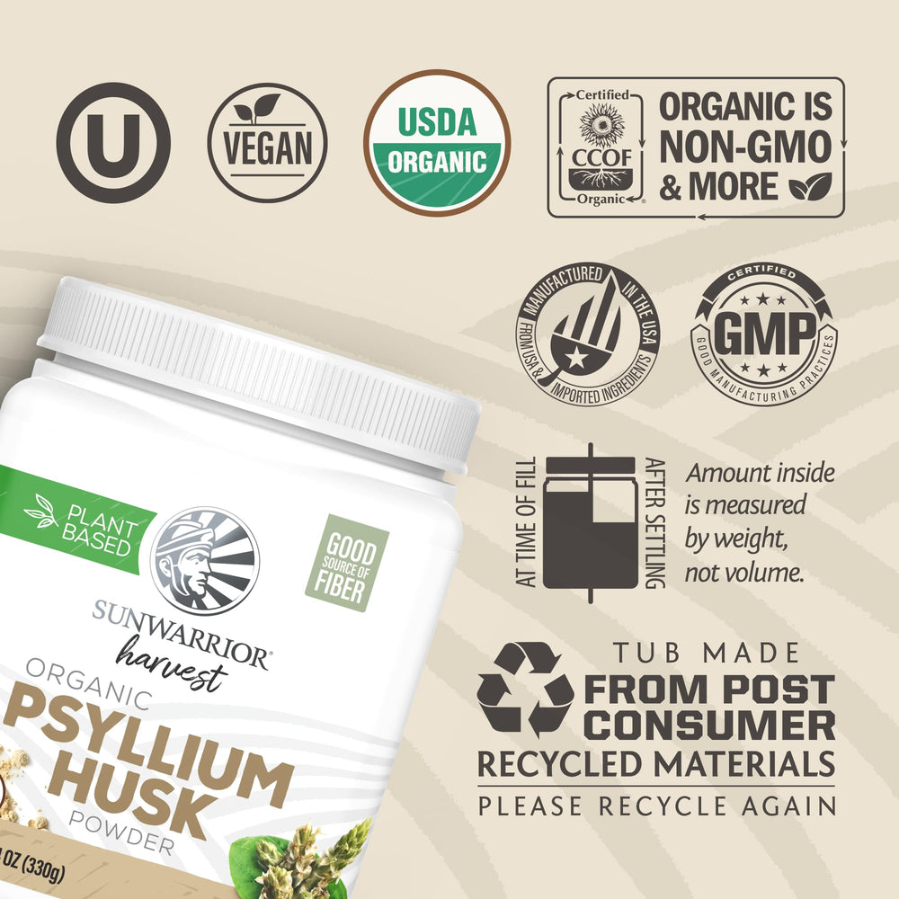 Sunwarrior Organic Psyllium Husk Powder blended into a vibrant smoothie for gentle fullness.
