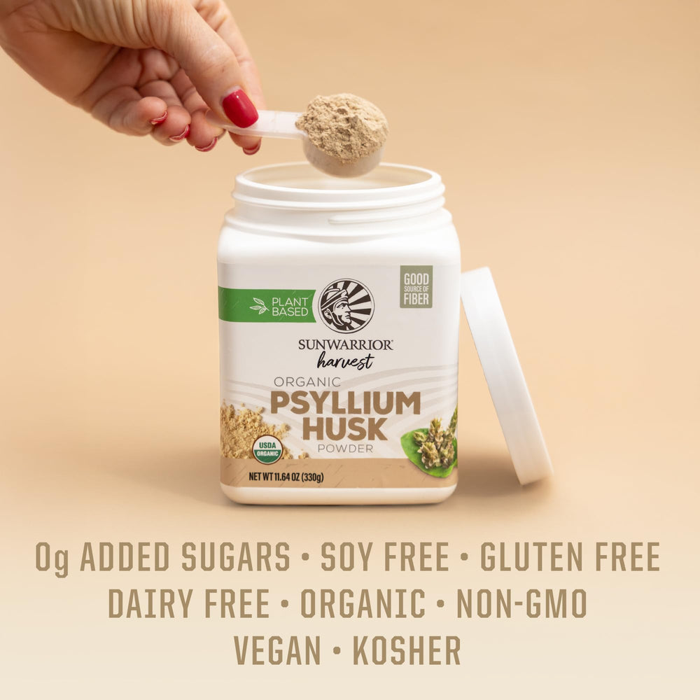 Sunwarrior organic-certification seal on packaging emphasizing clean ingredients.