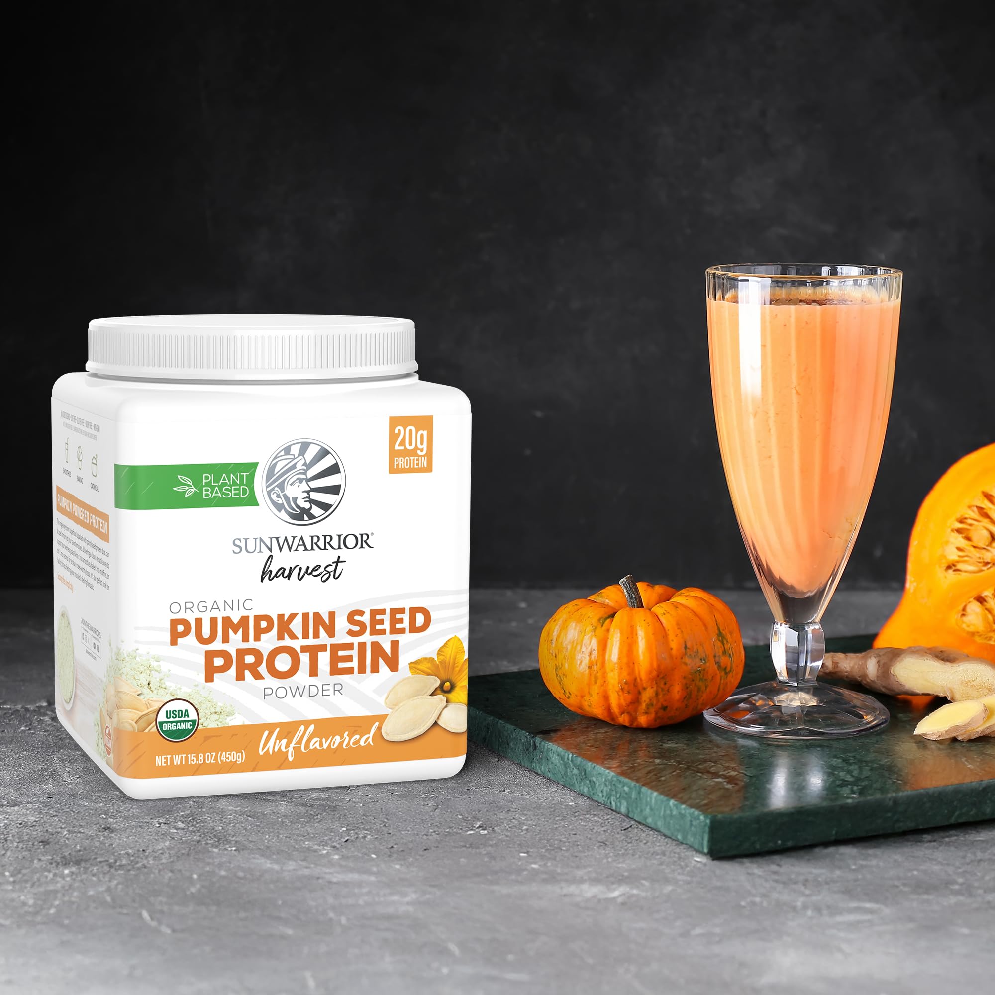 Label on Sunwarrior Organic Pumpkin Seed Protein powder emphasizing organic certification