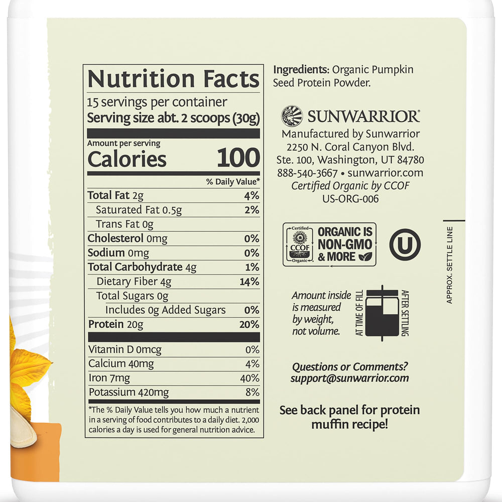 Sunwarrior Organic Pumpkin Seed Protein powder with scoop for quick shakes