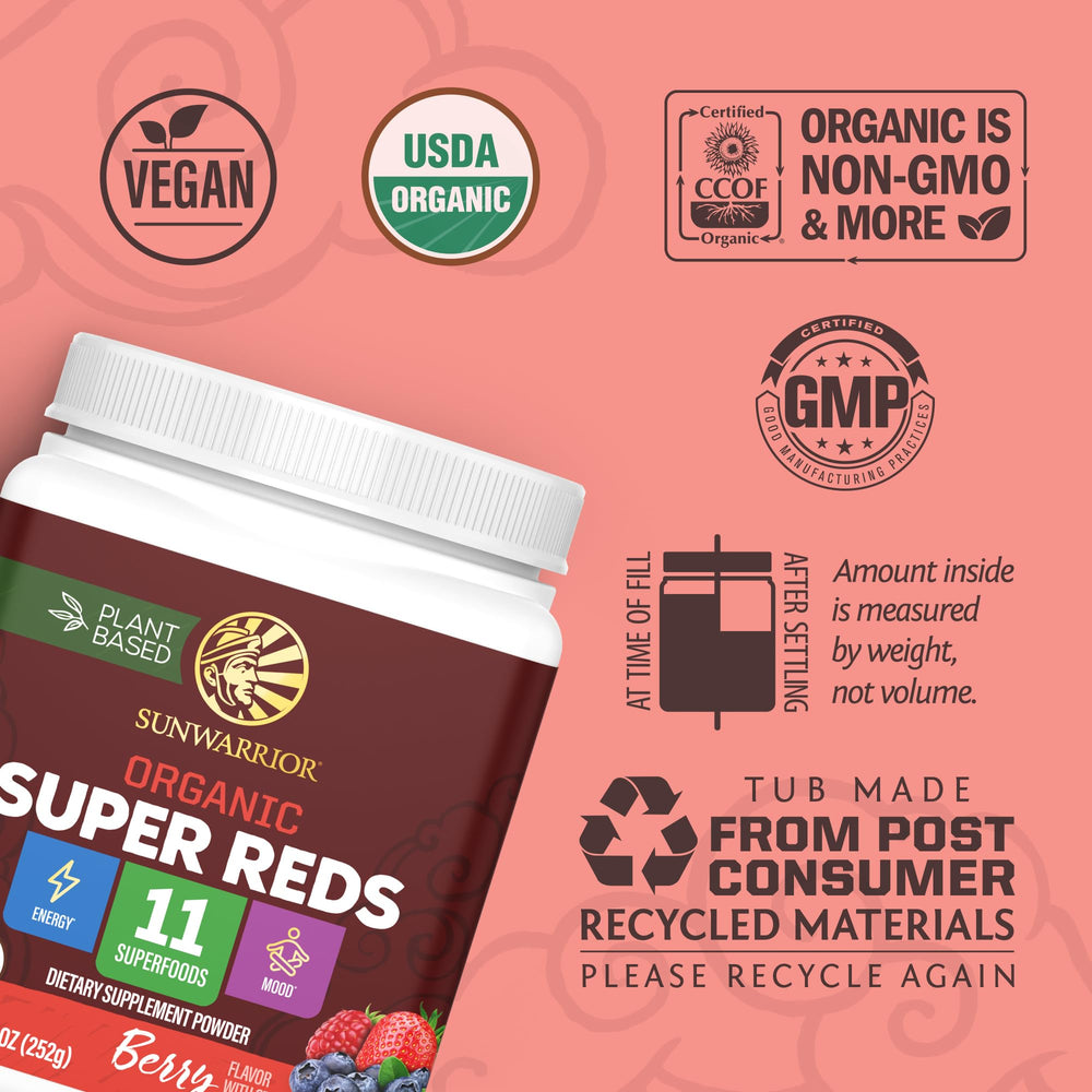 Sunwarrior Organic Super Reds glass reveals a refreshing berry-forward drink.