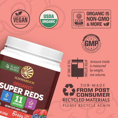 Sunwarrior Organic Super Reds glass reveals a refreshing berry-forward drink.
